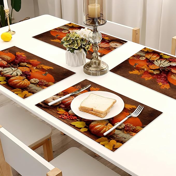 Orange Pumpkins Linen Placemats Set of 6,12x18 Inch Fall Thanksgiving Washable Table Mats Heat Resistant Place Mats for Home Party Kitchen Dining Decoration