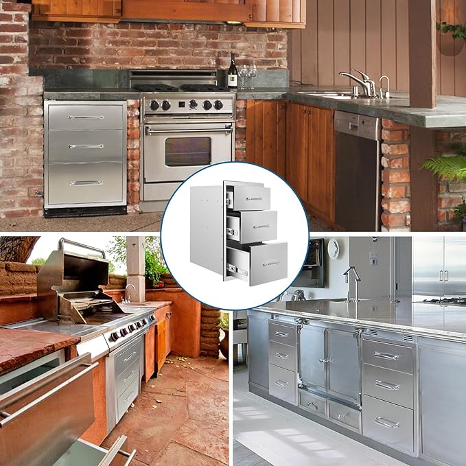 Outdoor Kitchen Drawers 20"Wx27"Hx23"D Flush Mount Access 3-Drawer BBQ Stainless Steel Drawers with Handle for Outdoor Kitchen Island or Grill Station