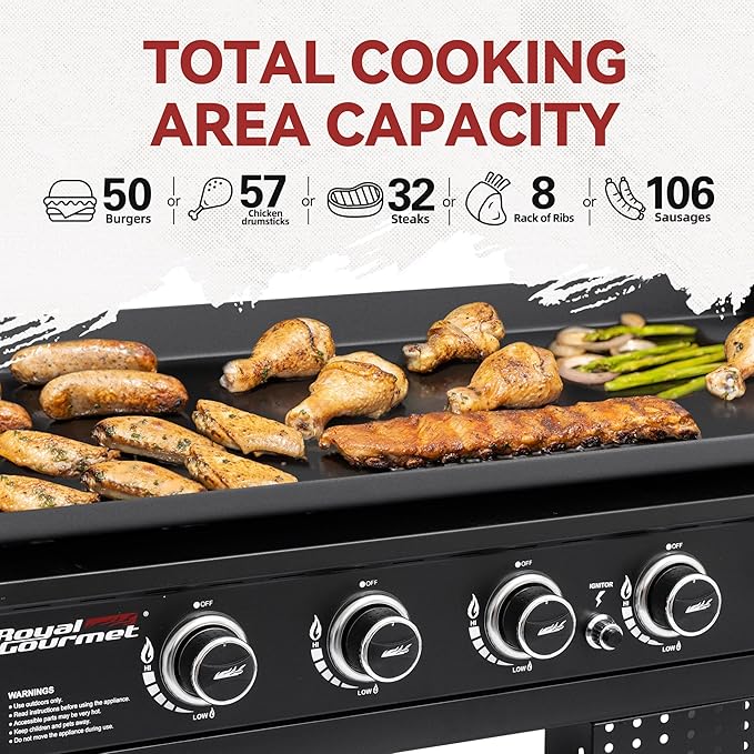 Royal Gourmet GB6000 6 Burner Propane Gas Griddle with Folding Side Tables, 44-Inch Flat Top Grill with Double-Layer Bottom Shelves for Outdoor Party or Backyard Barbecue, Black