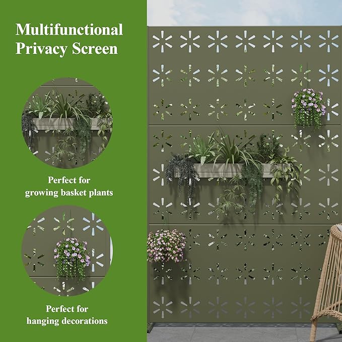 Casaphoria Metal Privacy Screen Outdoor, 72" H x 47" W Freestanding Decorative Privacy Screen for Patio Deck Balcony Garden with Stable Base, Light Green-Star