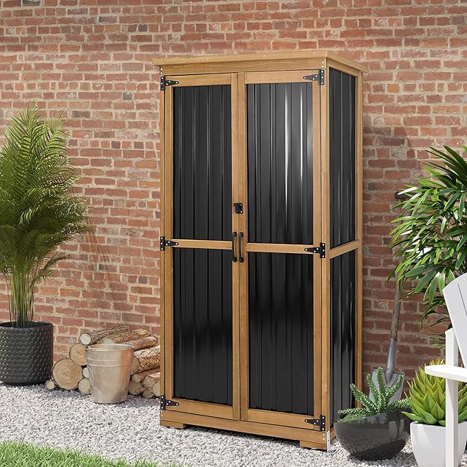Outdoor Storage Cabinet, Wood & Metal Storage Shed with Weather-Resistant Roof, Removable Shelves, Lockable Doors, Outside Storage Tool Organizer for Garden, Patio, Backyard, Garage, Pool