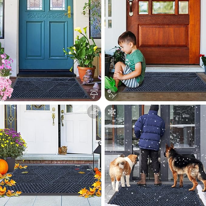 Smiry Front Door Mat Outside Entrance, Heavy Duty Sturdy Natural Rubber Doormat, Trap Dirt and Moisture, Easy Clean Low Profile Mats for Indoor Outdoor Entry, Irregular Triangle (47x24, Navy Blue)