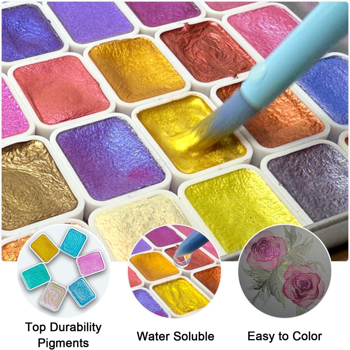 Mini Shifting Watercolor Paint Set, 30 Color Glitter Watercolor Painting Kit, Metallic Watercolor Paints, Solid Water Colors Paint Adult Set, Detail Paint Brush Included, for Artists