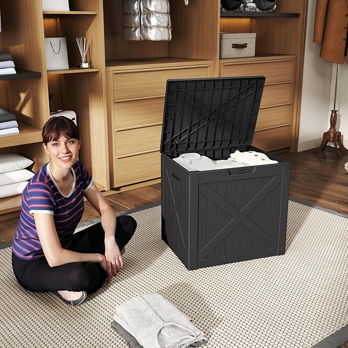 32 Gallon Deck Box,Resin Outdoor Storage Box with Lockable for Patio Furniture, Pool Accessories, Garden Tools, Waterproof Outside Storage Box, Black