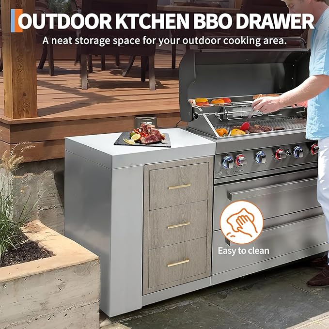 Stainless Steel Outdoor Kitchen Triple Drawers 16" W x 20.5" D x 28.5" H - Heavy Duty with Handles, Weather-Resistant Flush Mount for BBQ Island, Patio Grill & Outdoor Cooking Space