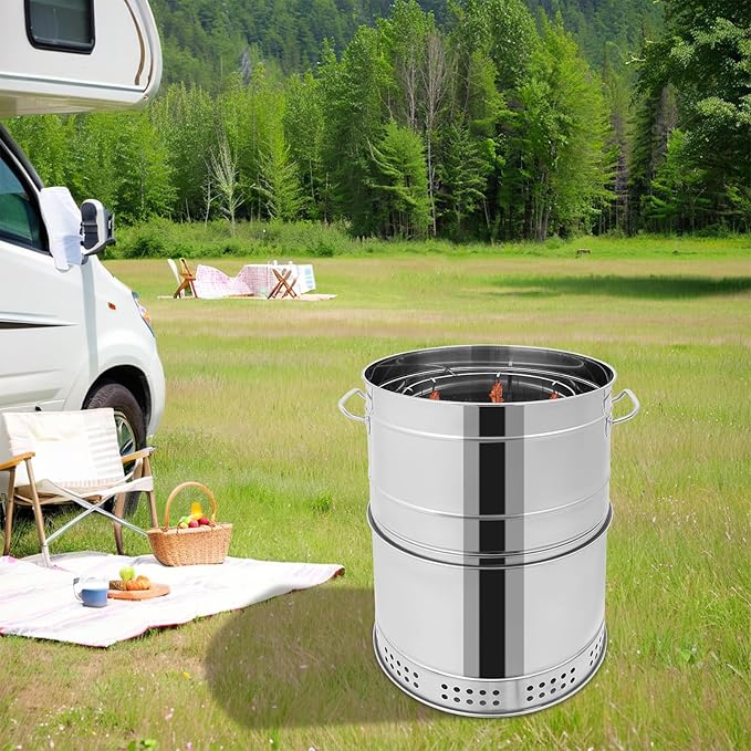 Portable Charcoal Grill, 360° Stainless Steel BBQ Grill Barrel with 50 Skewers & Oil Tray, Outdoor Barbecue Grill for Camping, Backyard, Picnic, Travel