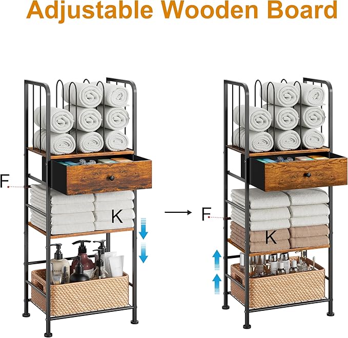 Towel Rack Free Standing 3-Tier with Drawer and M-Shaped Detachable Dividers,Towel Holder with Adjustable Shelf, Towel Organizer Space Saving for Bathroom and Poolside Patent Pending