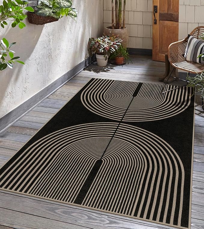 Easy Jute Rainbow Area Rug, 3x5 Black Indoor Outdoor Entryway Rug Washable Non-Slip Modern Boho Kitchen Rugs, Farmhouse Abstract Throw Carpet for Living Room Patio Kids Room