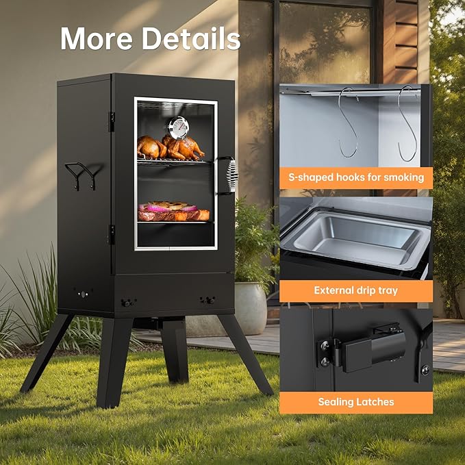 TABU 30-inch Electric Vertical BBQ Smoker with Thermometer & Leg Kit, Large Meat Smoker with Water& Wood Trays for Outdoor Backyard, Black
