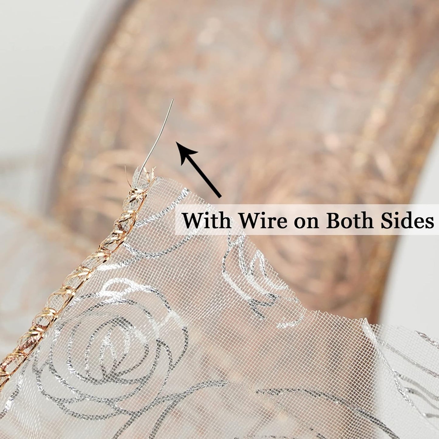 MEEDEE Floral Rose Wired 2.5 Inch Rose Gold Organza Sheer Ribbon, Wedding Bouquet Ribbon, 25 Yards Roll, Pink, For Crafts, Valentine Bow Making, Decor