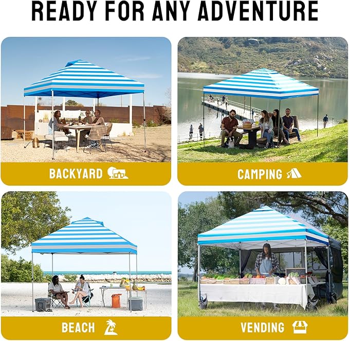 CROWN SHADES 10x10 Pop Up Canopy - Beach Tent with One Push Setup - Outdoor Sun Shade for Events, Parties, Camping - STO-N-Go Cover Bag, Silver Coated Top, 3 Height& 4 Sand Bags, Sky Blue Stripes