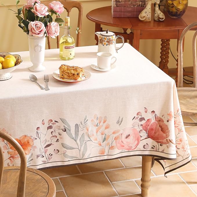 Linen Square Tablecloth,French Vintage Pink Floral Pattern Wrinkle Free Tablecloths,Decorative Table Cover for Kitchen,Dining,Thanksgiving,Christmas,Tea Party,67"*67"-Sloosa