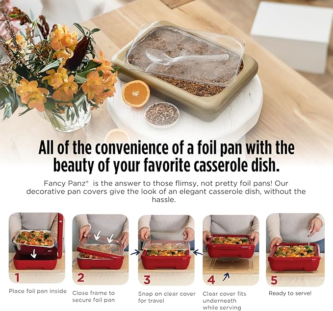 Fancy Panz - Denim Blue 9x13x2" Aluminum Foil Pan Carrier with Lid - Elevated Food Serving Tray - Portable Casserole Carrier with Lid - Made in the USA Hosting Essentials