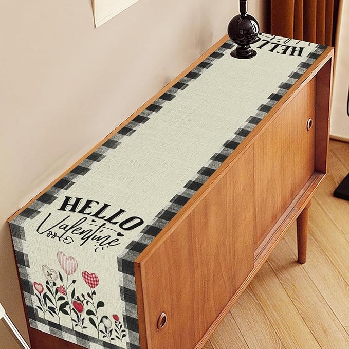 Valentines Day Table Runner,Vintage Rustic Black White Red Heart Buffalo Plaid Table Center Decor for Family Kitchen Living Room Outdoor Farmhouse Party Table Decorations, 13"x36"