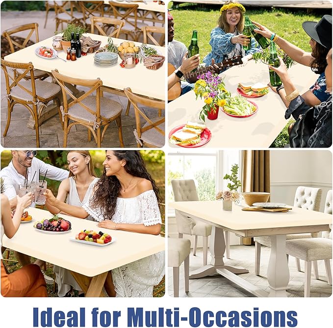 Spandex 6 Foot Rectangle Table Cloth 6 Pack, Elastic Fitted Tablecloths for Picnic, Stretch Washable Patio Table Cover for Outdoor, Camping, Banquet and Parties (Champagne, 30"x72")