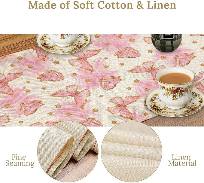 Watercolor Butterfly Table Runner, Cute Pink Butterfly Spring Modern Aesthetics Print Table Runner for Holiday Kitchen Dining Outdoor Home Party 13x120in