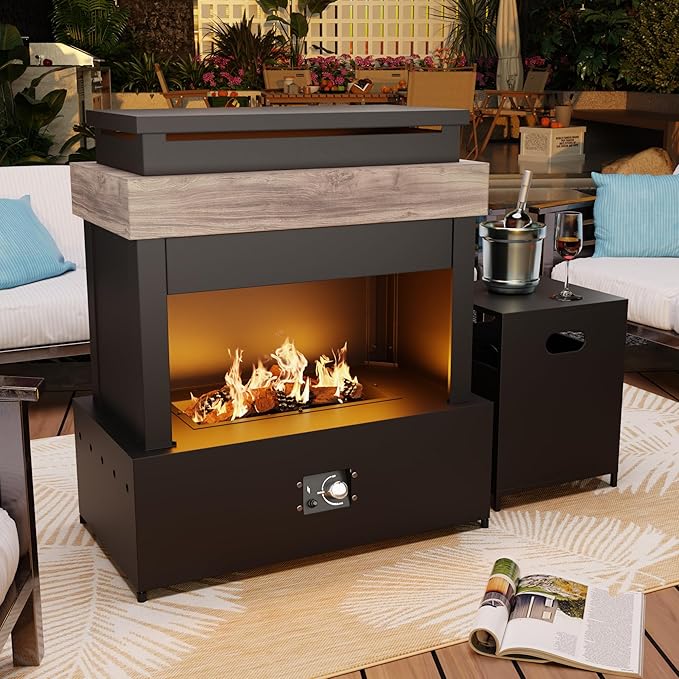 40.5''x35.4'' Propane Outdoor Fireplace, 50,000 BTU Patio Vent-Free Gas Heater, CSA Certified Grey & Black Weather-Resistant Steel, Realistic Ceramic Logs, Rain Cover Included