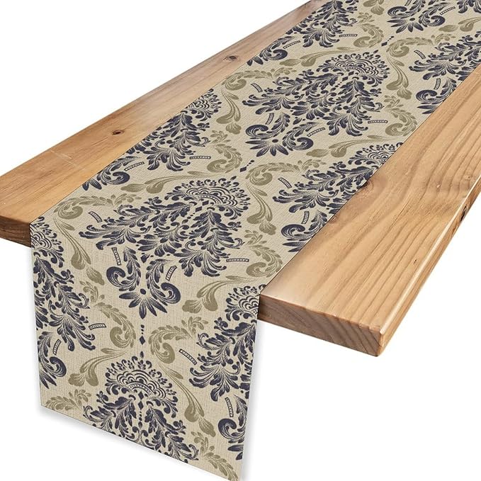 Blue Damask Table Runner, Boho Baroque Style Floral Flower Antique Classic Rustic Gothic Vintage Coffee Table Center Decor for Kitchen and Dining Outdoor Home Country Party Table Decorations, 13"x36"