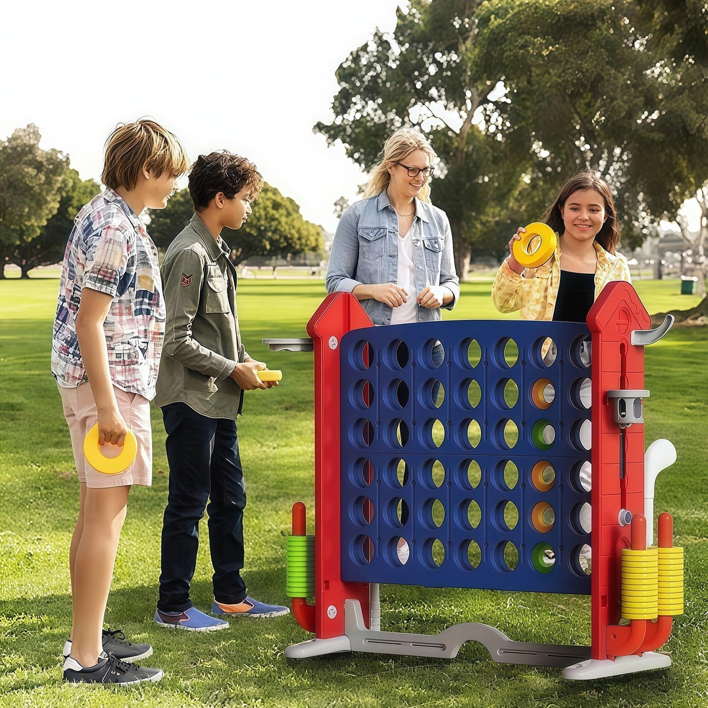 UNICOO Giant 4 in A Row Game with Carry Bag, Basketball Hoop, Ring Toss Game, 4-to-Score Game | Large Outdoor Yard Game, Parties & Gatherings Games