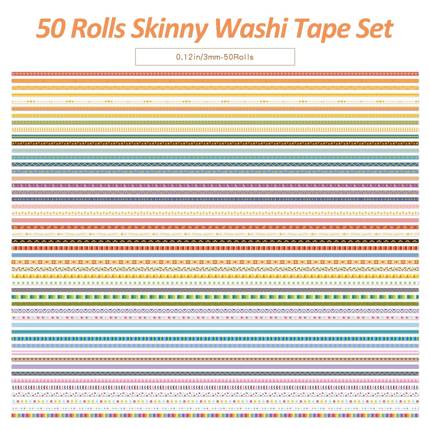 emmoolife 50 Rolls Skinny Washi Tape Set 3mm Wide, Gold Foil Print Masking Thin Basic Patterns Decorative Tapes for Scrapbooking, Junk Journal Supplies, Bullet Journaling, Craft Tape for Women Girl