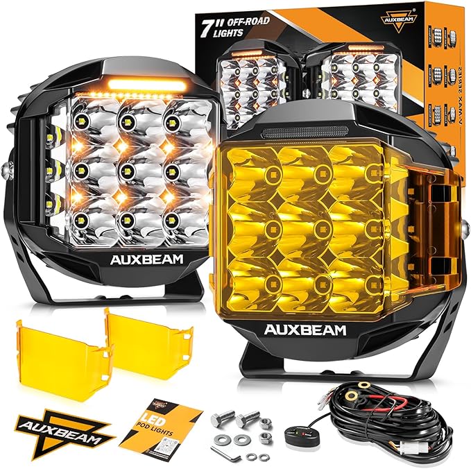 Auxbeam 7 Inch LED Pod Light, V-MAX Series 228W Off-Road Driving Side Shooter Cube Lights with Amber DRL & Backlight, 270° Super Bright Spot Flood Combo Pod with Cover for Trucks SUV UTV ATV