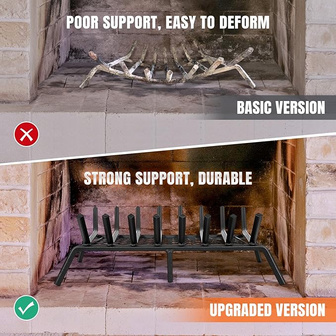 INNO STAGE Fireplace Grates with Ember Retainer - 27 Inch Fireplace Log Grate, Firewood Wood Log Holder Rack, Inside Wrought Cast Iron Fire Grate for Hearth Indoor Outdoor Camping