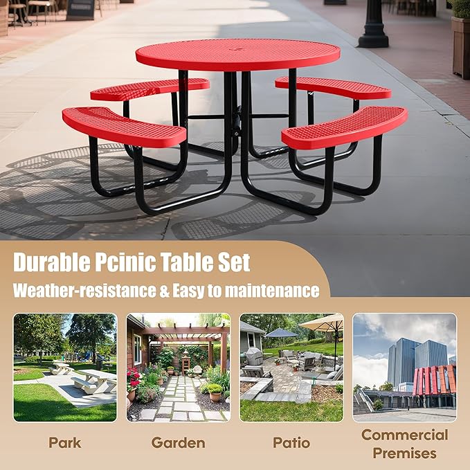 46'' Round Metal Picnic Table for Outdoors, Commercial Steel Metal Picnic Tables, Heavy Duty Sturdy Picnic Tables Furniture Set for Patio Garden Courtyard BBQ, with Umbrella Hole, Red