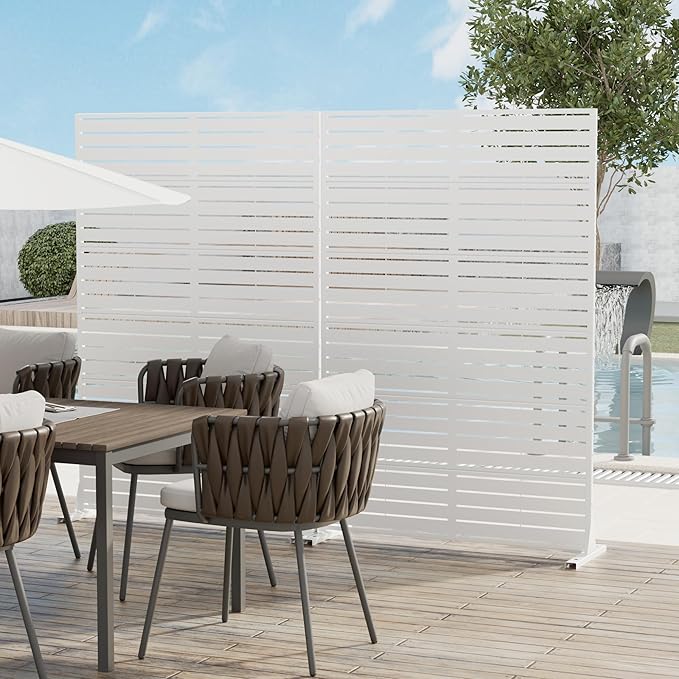 Casaphoria 72" H x 45" W Metal Privacy Screen, 2 Pack Outdoor Freestanding Decorative Divider for Patio & Garden with Stable Base, White-Louvered