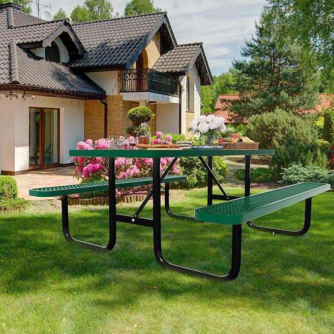 6FT Rectangular Metal Picnic Table for Outdoors, Commercial Steel Metal Picnic Tables, Heavy Duty Sturdy Picnic Tables Furniture Set for Patio Garden Courtyard BBQ, with Umbrella Hole, Green
