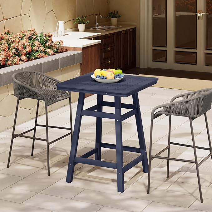 Costaelm Outdoor Bar Table, 37" Counter Height Square Patio Cocktail Bar Table with Umbrella Hole, Patio Bistro Dining Pub Table for Front Porch Deck Backyard Garden, Navy Blue