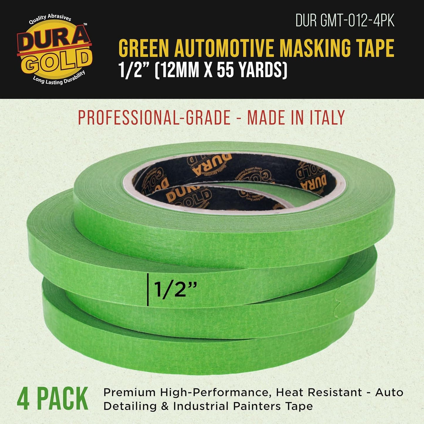Dura-Gold Green Automotive Masking Tape 1/2 Inch (12mm x 55 Yards), 4 Rolls - Premium High-Performance, Heat Resistant - Auto Refinish Painting, Car Detailing, Autobody, Industrial, Painters Tape