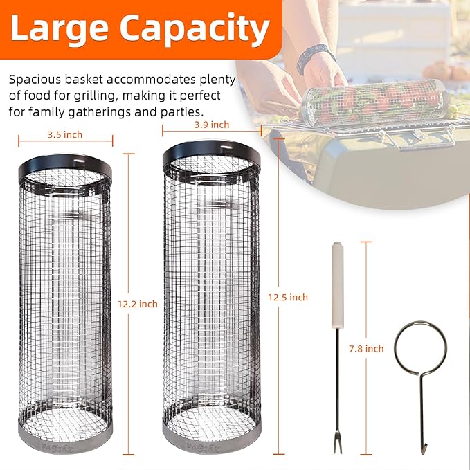 2PCS Grill Basket,Vegetable Grill Basket,Rolling Grill baskets for outdoor grill,grilling gifts for men,Grill Nets,Stainless Steel Grill Basket
