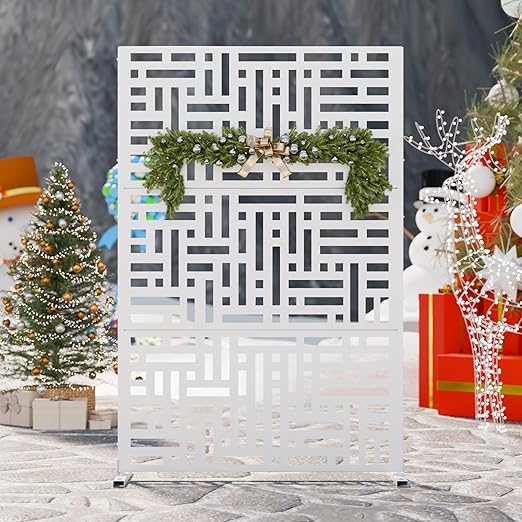 Casaphoria Metal Privacy Screen Outdoor, 72" H x 47" W Freestanding Decorative Privacy Screen for Patio Deck Balcony Garden with Stable Base, White-Helen