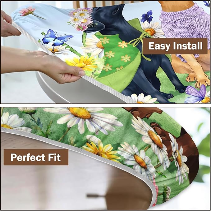 Spring Dogs Round Fitted Tablecloth with Elastic Colorful Floral Farmhouse Easter Circle Table Cloth for 44-48" Tables Wipeable Waterproof Outdoor Wildflowers Puppy Table Cover for Party Picnic Dining