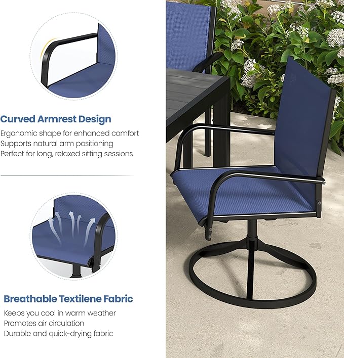 Outdoor Dining Set for 6, Metal Patio Table and Chairs Set with 2 Swivel Chairs, 4 Regular Textilene Chairs and 1 Large Table, Modern Patio Furniture Set for Deck Backyard (Navy Blue)