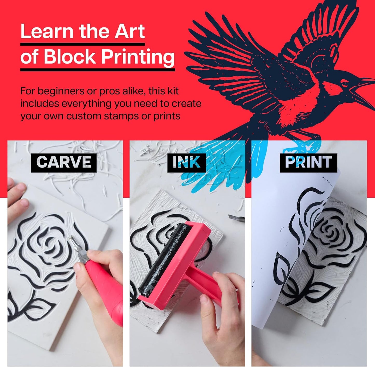 Linocut Printing Kit - Stamp Making Carving Tools - Crafts for Adults - Christmas Unique Gifts - Teen Boy Gifts - Birthday Gift Ideas for Women - Hobbies DIY Kits for Adults, Boys, Girls, Women, Men