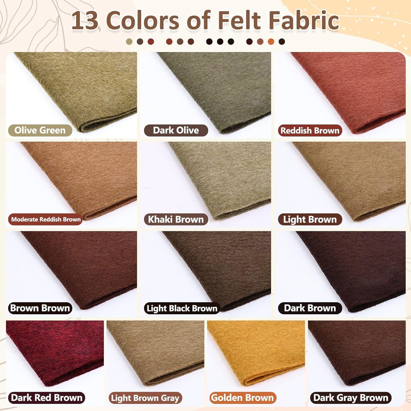 XSEINO 13 Rolls 8"x35" 1.4mm Thick Soft Felt Fabric Sheet 13 Assorted Dark Brown Series Colors Felt Pack for DIY Craft Sewing Squares Nonwoven Patchwork