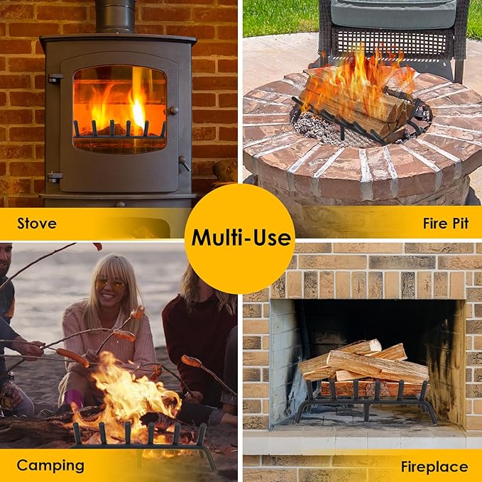 STBoo Fireplace Grate 20inch - Wood Stove Fire Grates Heavy Duty | Fireplace Log Holder | Firewood Log Burning Wrought Cast Iron Rack | Fire Pit Tray for Indoor Chimney Hearth & Outdoor Kindling Tool