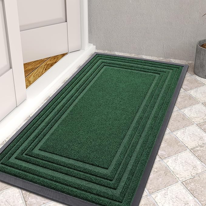 Buganda Front Door Mat Indoor Outdoor Entrance, Non-Slip Natural Rubber Doormats, Easy Clean, Low Profile, Dirt Trapper Entryway Floor Mats for Outside, Garages and Patios, 36x24, Green