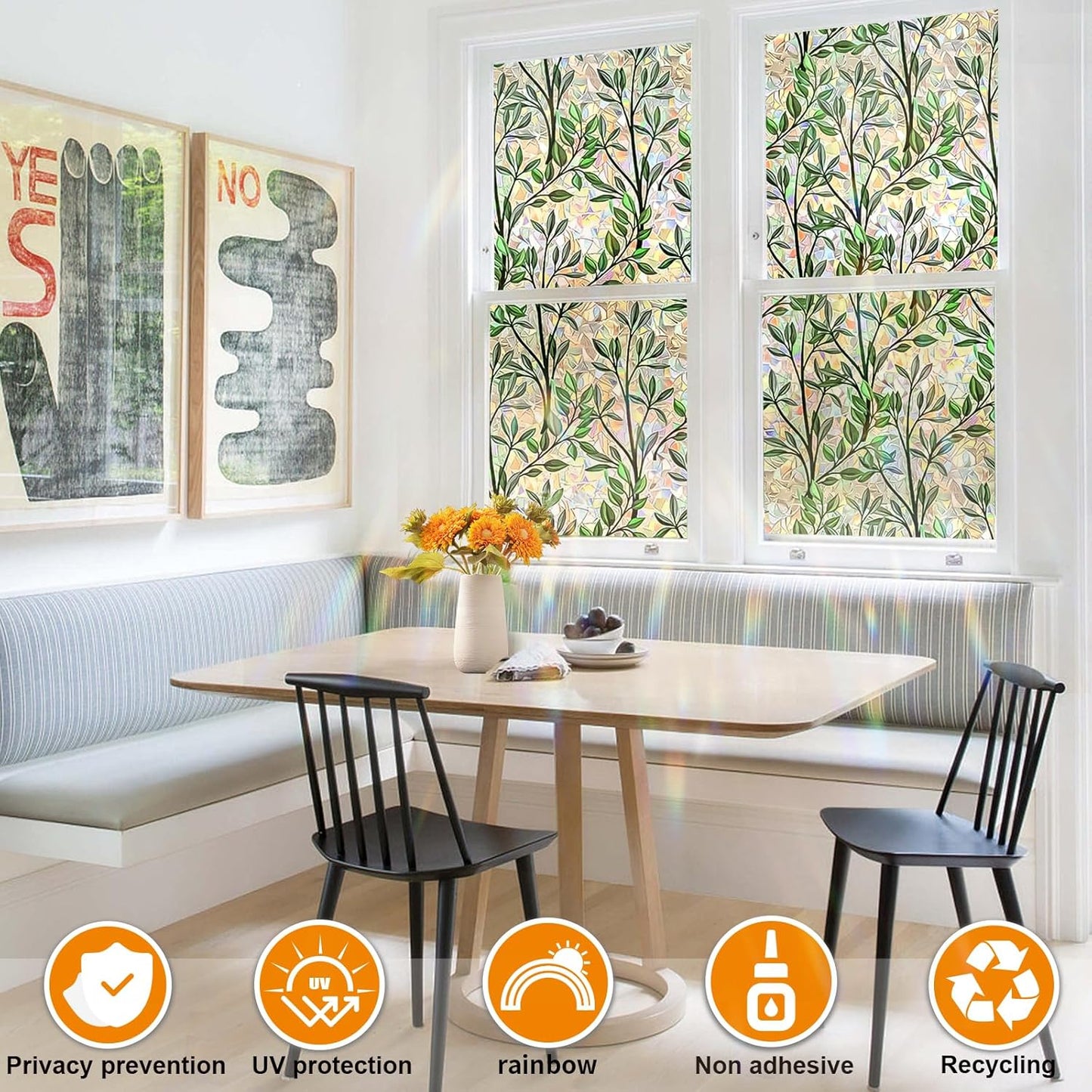 Window Privacy Film Stain Glass Window Film Rainbow Window Film Window clings Non-Adhesive Reusable Decorative for Room (Leaf Rainbow, 35.4 x 78.7 in)