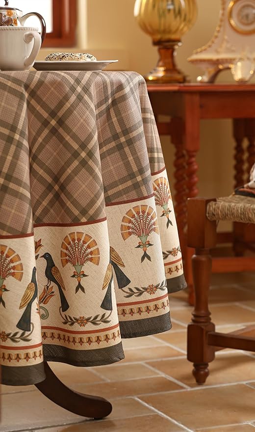 Vintage Brown Checkered Small Round Tablecloth,Italian Style Wrinkle Resistant Linen Tablecloths,Decor Table Cover for Kitchen,Dining,Thanksgiving,Christmas,Diameter 55"-Seville
