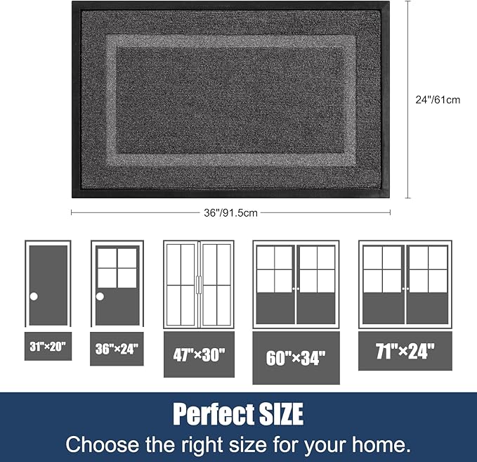Large Front Door Mat Outside Entrance Indoor Doormat, 36" x 24" Outdoor Mats for Patio Waterproof, Outdoor Doormats for Outside Entry, Indoor Rugs for Entryway, Sturdy Natural Rubber Entry Mat, Grey