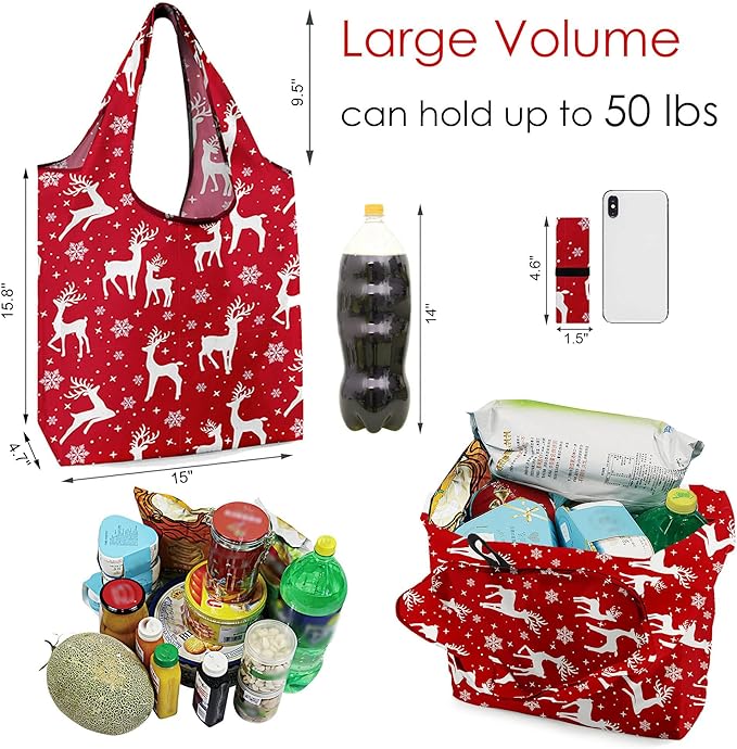 BeeGreen Christmas Reusable Shopping Bags 12 Pack with Zipper Storage Pouch Christmas Gifts Grocery Bags Bulk with Elastic Band 50LBS X-Large Foldable Machine Washable Santa Deer Snowman