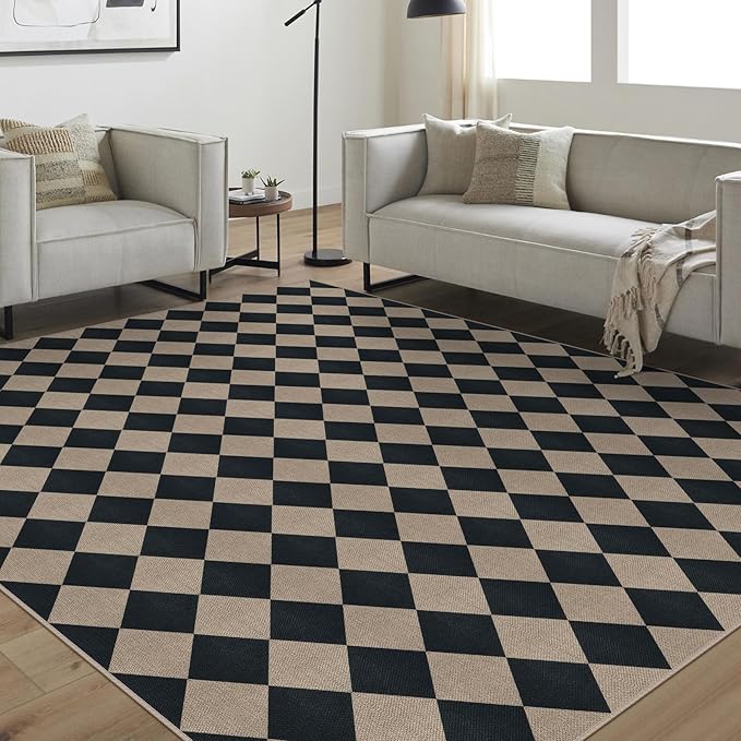 Easy Jute Black Checkered 8x10 Area Rug, Washable Modern Outdoor Rug for Patio Non-Slip Diamond Rugs for Living Room, Neutral Farmhouse Floor Carpet for Bedroom Dining Room Classroom