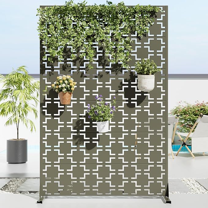 Casaphoria Metal Privacy Screen Outdoor, 72" H x 47" W Freestanding Decorative Privacy Screen for Patio Deck Balcony Garden with Stable Base, Grey-Brick