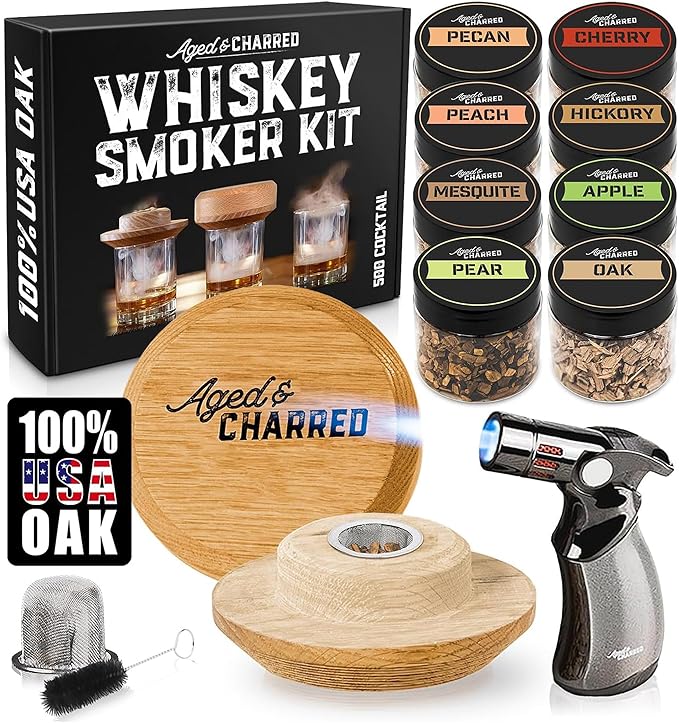Whiskey Smoker Kit with Torch - 8 Flavors Wood Chips - Bourbon Gifts for Men, Cocktail Smoker kit - USA Oak Smoke Lid (No Butane)