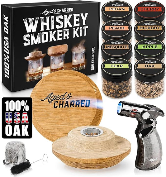 Whiskey Smoker Kit with Torch - 8 Flavors Wood Chips - Bourbon Gifts for Men, Cocktail Smoker kit - USA Oak Smoke Lid (No Butane)