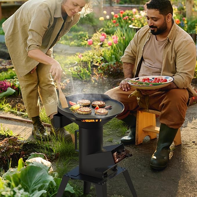 3-in-1 Camp Rocket Stove Kit with BBQ Grate, Griddle, Pot Rack, Portable Wood Burning Stove with Detachable Stand, Camping Gear for Outdoor Cooking Patio Barbecue RV Tailgating, GS345