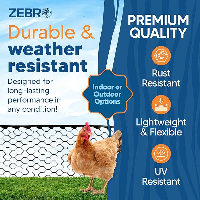 Zebro Plastic Chicken Wire Fence – Flexible Poultry Netting & Garden Fence for Large Chicken Coops, Farm Use, Pet Enclosures & Agriculture – Weatherproof & Rust-Free - 4' x 100' Black