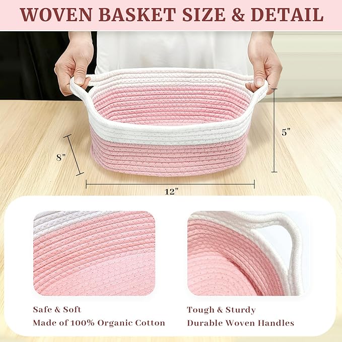 Succwoah 8 Pack Small Woven Baskets with Gift Bags & Ribbons & Cards, Cotton Rope Nursery Storage with Handles, 12"x8"x5", Empty Gift Baskets for Baby Shower, Christmas, Thanksgiving, Organizer (Pink)